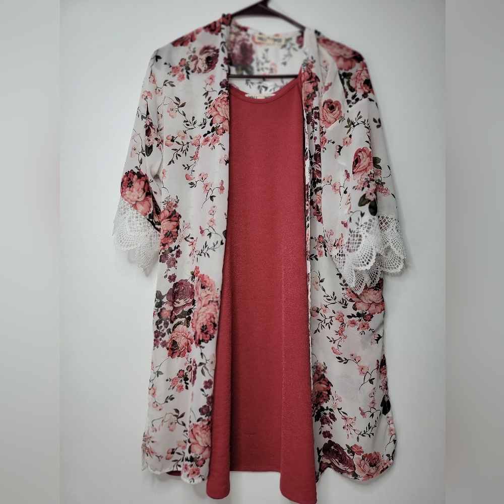 Spaghetti Strap Midi Dress with Floral Kimono